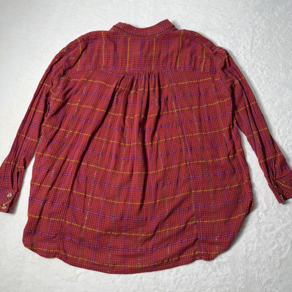 Free People Red Plaid Long Sleeve Shirt‎ Size M Break My Stride Metallic Tunic - Picture 2 of 8